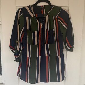 J for Justify Striped Zip-Front Tunic in Navy, Olive & Rust